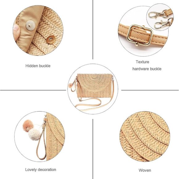 Straw Clutch Bag Women Woven Purse Shoulder Casual Beach Handbag Wallet - Picture 3 of 7